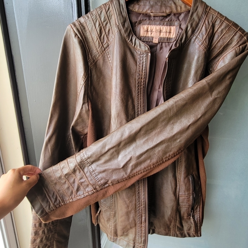 Sebby Collection Womens L Brown Whiskey Color Faux Leather Moto Style Jacket Zip - Picture 11 of 12